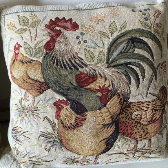 Vintage Jules Pansu Tapestry Pillow Covers Rooster Chicken Design (Set of 2) - Picture 4 of 13